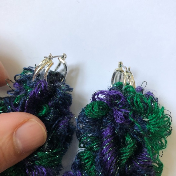 Handmade Upcycled Green Purple Statement Earrings - Picture 5 of 5